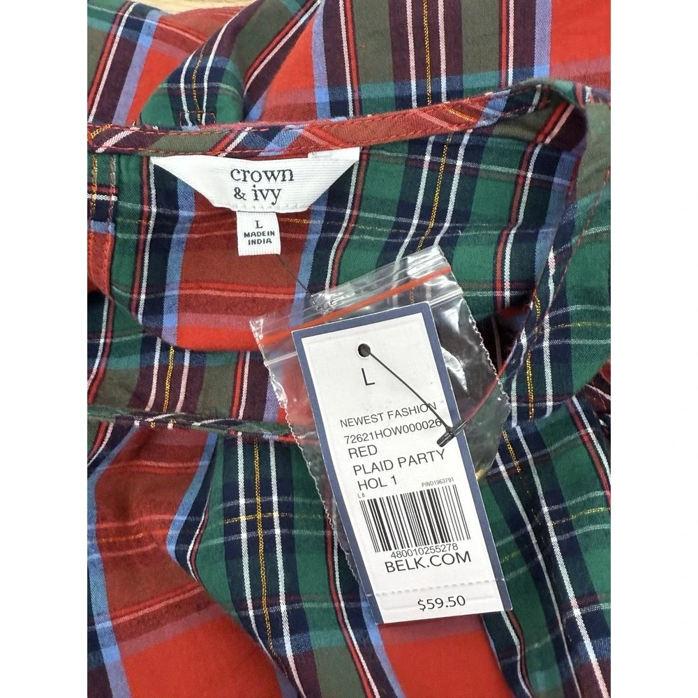 Crown & Ivy Red Tartan Plaid 3/4 Sleeve Blouse‎ Womens Large Ruffle Holiday #37